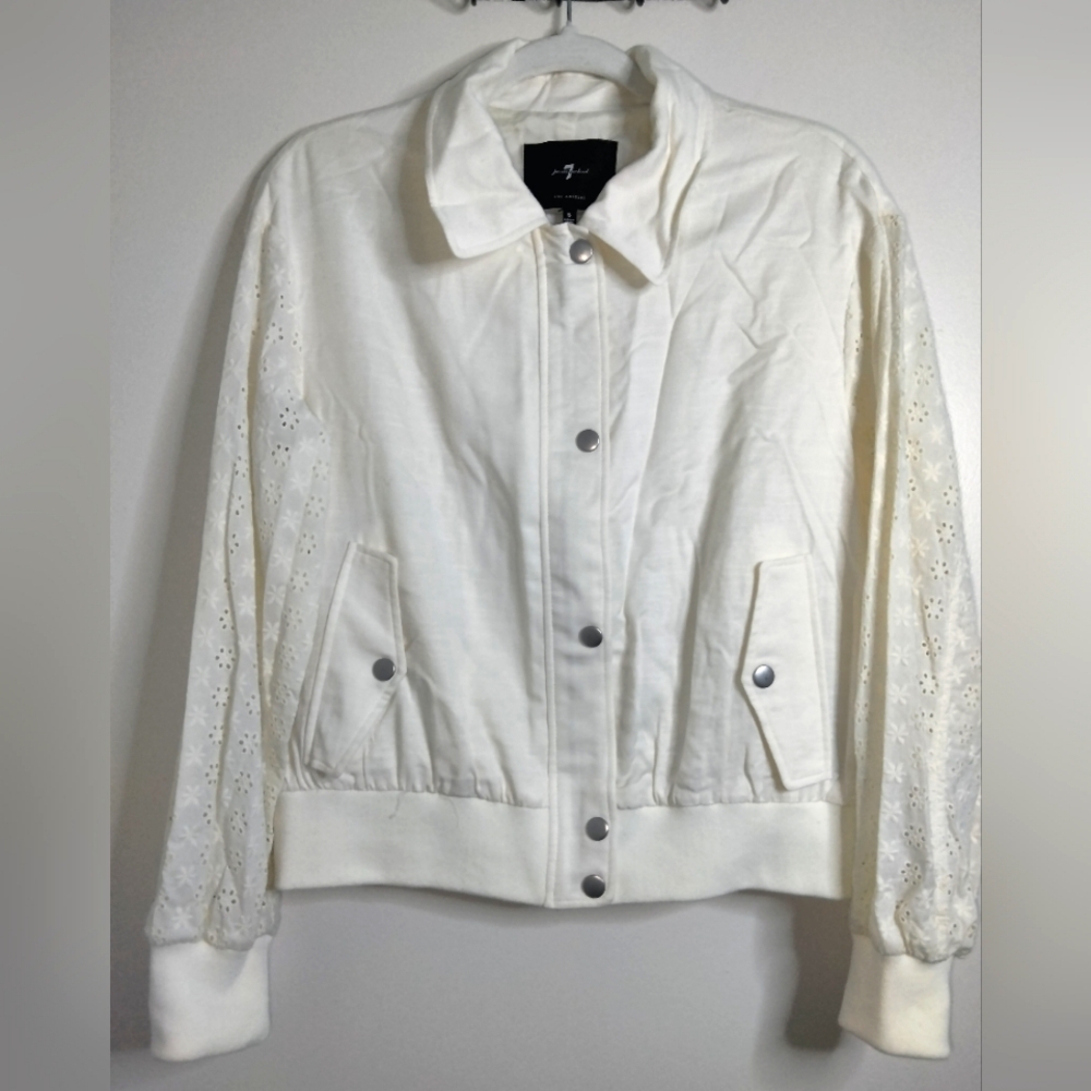7 for All Mankind (Size S) Cream Embroidered LS Lightweight Bomber Jacket